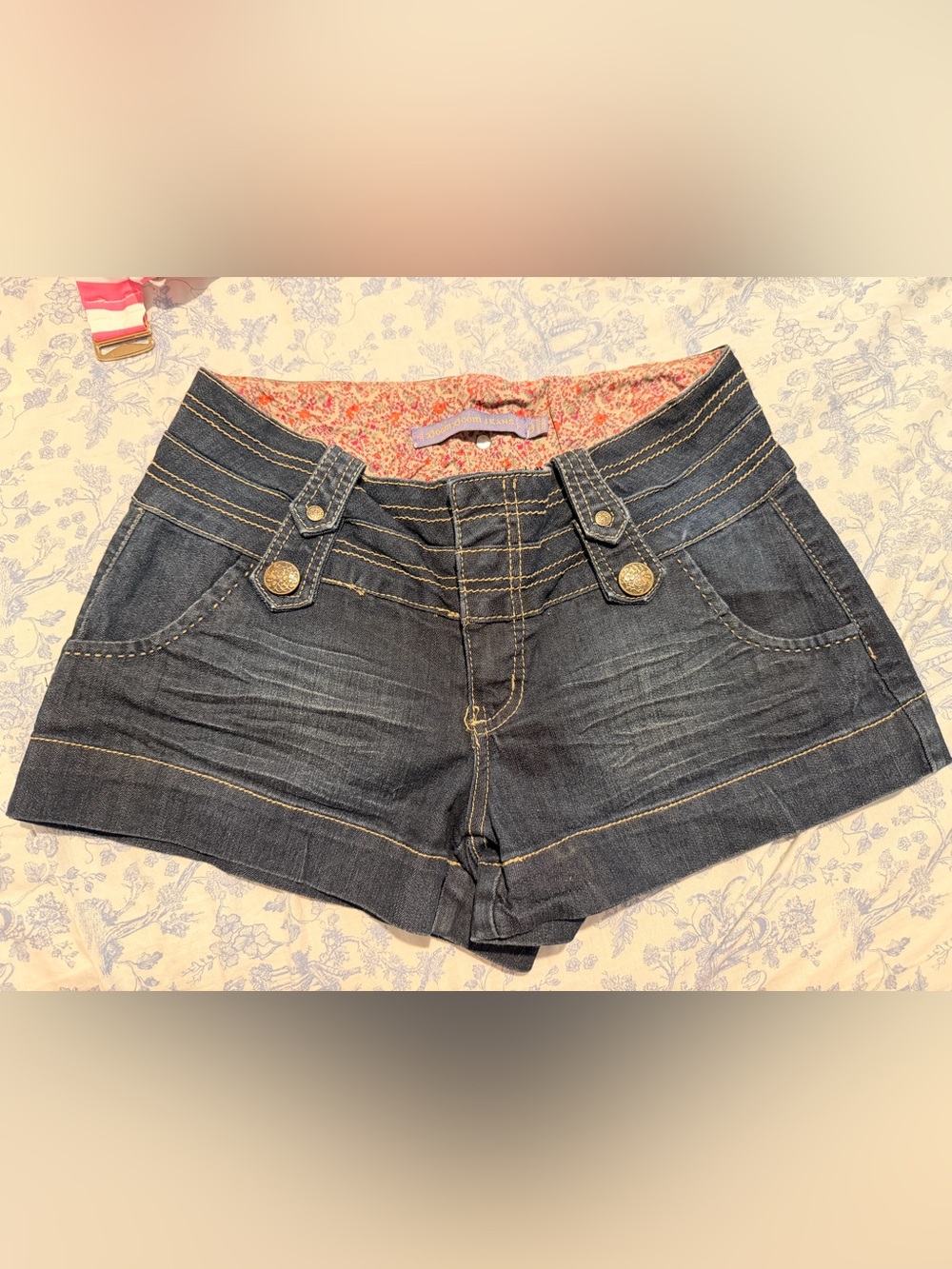 Boom Boom Jeans Dark Blue Denim Shortie with Gold Buttons size 9